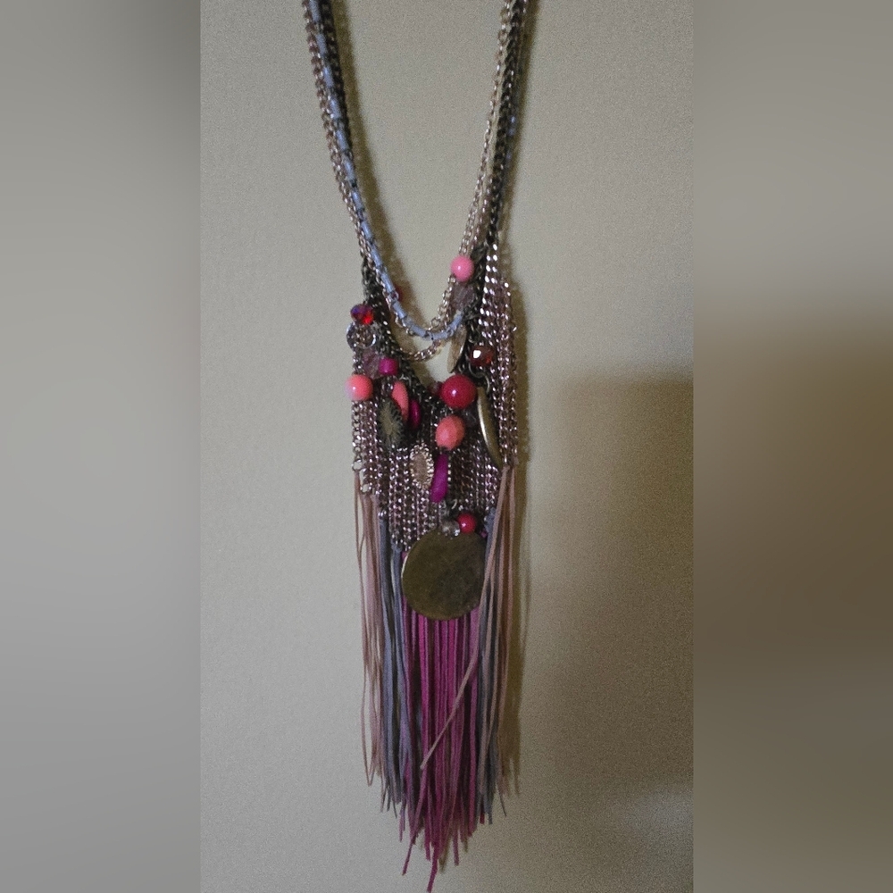 Express Womens Pink and Orange Multi-Strand Necklace with Tassel Statement Piece